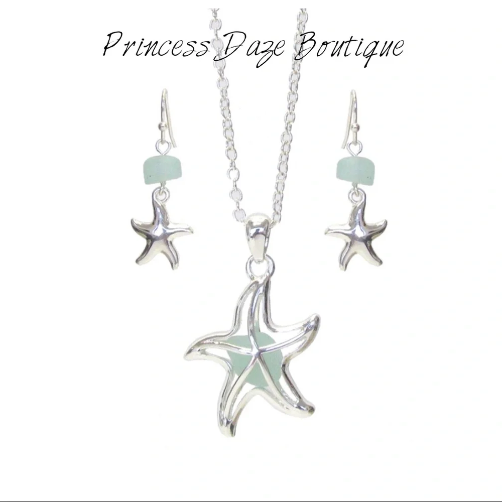 Sea‎ Glass Starfish Pendant Necklace & Earring Set